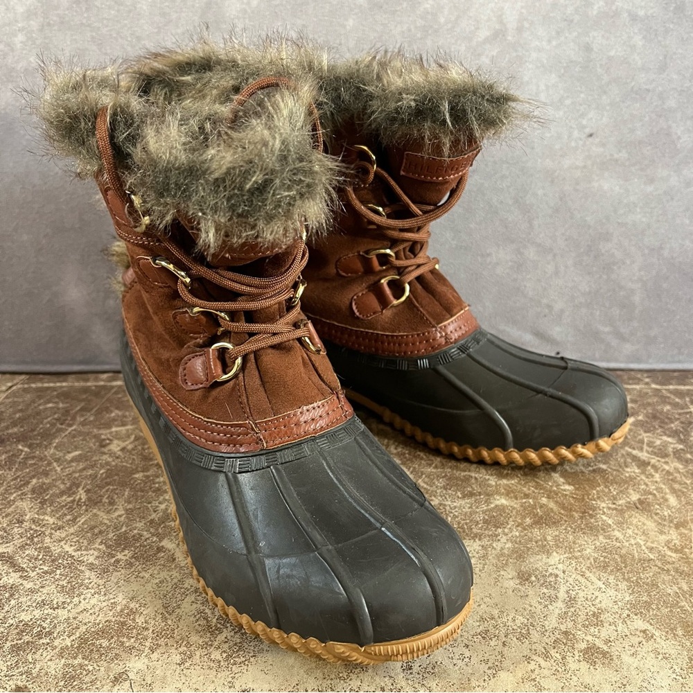 Tommy Hilfiger Duck Boots Women 7M‎ Brown TW Russell Leather Snow Rain Faux Fur